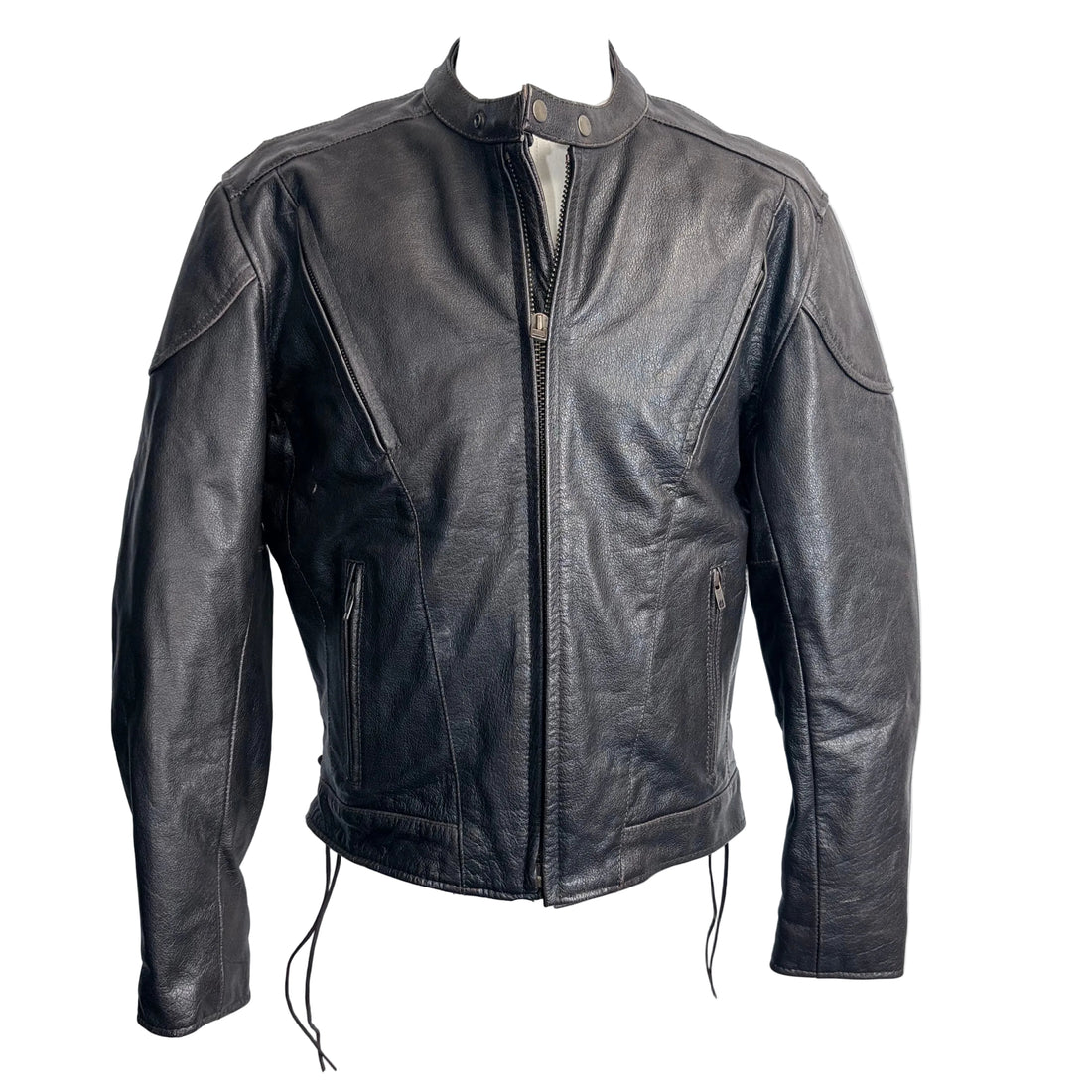 Black leather jacket on a mannequin against a white background